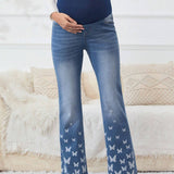 Maternidad Jeans de pierna amplia ajustable de cintura ancha con estampado de mariposa