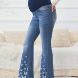 Maternidad Jeans de pierna amplia ajustable de cintura ancha con estampado de mariposa