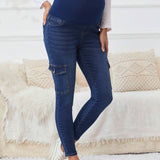 Maternidad Jeans ajustados de cintura ancha con bolsillo lateral con solapa