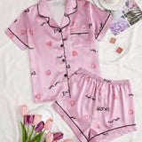 Conjunto de pijama con estampado de corazon y letra ribete en contraste de saten