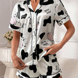 Conjunto de pijama con estampado de vaca y letra ribete en contraste de saten