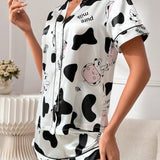 Conjunto de pijama con estampado de vaca y letra ribete en contraste de saten