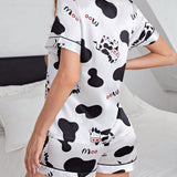 Conjunto de pijama con estampado de vaca ribete en contraste de saten