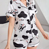 Conjunto de pijama con estampado de vaca ribete en contraste de saten