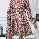 Vestido Con Cuello De Muneca Y Manga Farol Con Estampado De Leopardo Para Mujer