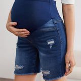 Pantalones Cortos De Maternidad De Mezclilla Estilo Capri Ajustados Y Elasticos Con Cintura Baja