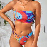 Swim Y2GLAM Conjunto De Bikini Bandeau Con Estampado De Marmol Para Mujer