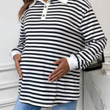 Sudadera Con Cuello De Polo A Rayas Y Hombros Caidos Para Mujer Embarazada