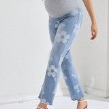 Jeans Acampanados Con Patron Floral Para Maternidad