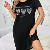 Vestido De Dormir De Camiseta Con Estampado De Leopardo Y Corazon Amoroso Para Mujeres