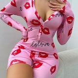 Mameluco De Pijama Estampado De Labios Rojos De Moda Para Mujer