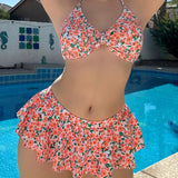 Swim Mod Conjunto De Bikini Con Ribete De Volantes Y Nudo Delantero Con Estampado Floral