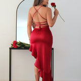 SXY Vestido Rojo Sexy Con Un Diseño De Hombros Descubiertos Con Volantes Y Borde De Tromp Para El Día De San Valentín, Diseño De Espalda Descubierta, Ideal Para Bodas Y Citas