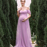 Vestido Formal De Embarazo Con Hombros Descubiertos, Contraste De Malla Y Carril De Sirena