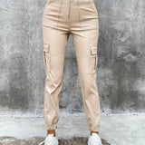 Eilly Bazar Pantalones cargo de cuero de PU con bolsillo lateral con solapa