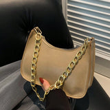 NEW Bolso Tipo Baguette De Cuero Sintetico Con Correa De Hombro De Metal Retro, Color Solido, Perfil De Creciente, Para Mujeres, Con Multiples Usos Y Puede Ser Usado En El Hombro O Por La Mano.