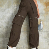 Pantalones parachute cargo calle de cintura elastica con bolsillo lateral con solapa con diseno de cremallera bajo con cordon