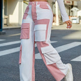 Pantalones calle de talle alto de color combinado con bolsillo con solapa cargo de pana otono
