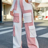 Pantalones calle de talle alto de color combinado con bolsillo con solapa cargo de pana otono