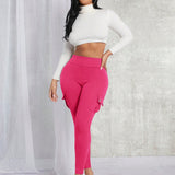 SXY Pantalon Ajustado De Bolsillo De Solapa