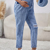 Jeans De Maternidad De Ajuste Holgado Con Agujeros Irregulares Rasgados