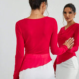 Prive Camiseta De Manga Larga Y Cuello De Drapeado Para Mujeres En Rojo Para Ano Nuevo