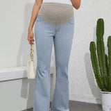 NEW  Pantalones De Mezclilla Para Mujeres Embarazadas Con Cintura Ajustable Y Rayas De Contraste
