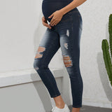 Jeans Rasgados De Maternidad Con Cintura Adjustable