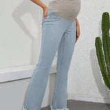 NEW  Pantalones De Mezclilla Para Mujeres Embarazadas Con Cintura Ajustable Y Rayas De Contraste