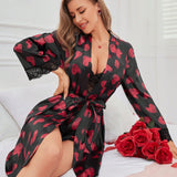 Conjunto De Pijama De Corazon Con Ribete De Encaje Para Mujer
