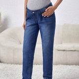 Nuevos Pantalones Vaqueros Largos De Moda De Cintura Ancha Elasticos De Punto De Retales Sueltos Y Comodos Para Mujeres Embarazadas