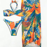 Swim Vcay Conjunto De Traje De Bano De Mujer Estampado Con Plantas Tropicales, 3 Piezas