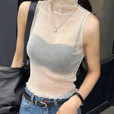 DAZY Camiseta De Tirantes De Cuello Alto Y Espalda Transparente Para Mujer