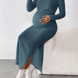 Vestido De Maternidad Solido Con Corte Lateral De Punto Acanalado Para Mujeres Embarazadas