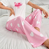 Conjunto De Pijama De Camiseta De Manga Corta Con Estampado De Letras Y Pantalones Con Estampado De Corazones Para Mujer