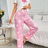 Conjunto De Pijama De Camiseta De Manga Corta Con Estampado De Letras Y Pantalones Con Estampado De Corazones Para Mujer