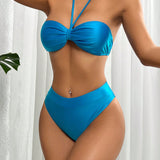 Swim Basics Conjunto De Bikini Con Cuello Halter De Color Solido Para Mujer, Carnaval