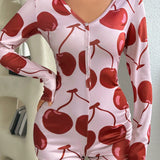 Mono De Pijama Con Botones Y Estampado De Cerezas Para Mujer