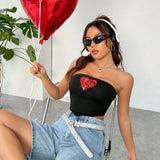 EZwear Dia De San Valentin Top Sin Tirantes Con Dobladillo Triangular Bordado Con Cuentas De Mujer De Color Rojo