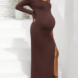 Vestido Dividido Plisado De Color Solido Para Mujeres Embarazadas