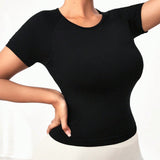 Yoga Basic Camiseta Deportiva De Manga Corta Raglan Con Cuello Redondo Para Mujeres De Talla Grande