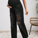 Jeans Rectos Para Embarazo Con Cintura Ajustable Con Cremallera Y Agujero En La Entrepierna