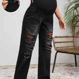 Jeans Rectos Para Embarazo Con Cintura Ajustable Con Cremallera Y Agujero En La Entrepierna