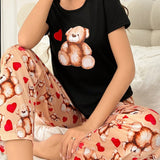 Conjunto De Pijama De Pantalones Y Camiseta De Manga Corta Con Estampado De Oso Y Corazon