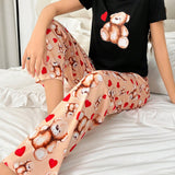 Conjunto De Pijama De Pantalones Y Camiseta De Manga Corta Con Estampado De Oso Y Corazon
