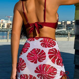 Swim Vcay Conjunto De Bikini Para Damas En Color Solido Con Cubierta Y Falda De Playa Impresas, Ano Nuevo