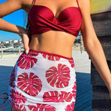 Swim Vcay Conjunto De Bikini Para Damas En Color Solido Con Cubierta Y Falda De Playa Impresas, Ano Nuevo