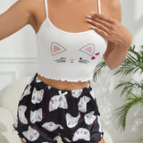 Top De Pijama Para Mujer Con Estampado De Expresiones De Gatos