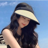 Sombrero De Sol Para Mujer Con Diseno De Malla, Proteccion Solar Y Facial, Sombrero Tejido De Paja Para Viajes Y Playa, Moderno Y Versatil
