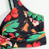 Swim Classy Conjunto De Traje De Bano De Dos Piezas Con Pantalones De Cintura Alta Y Estampado Floral Para Mujer